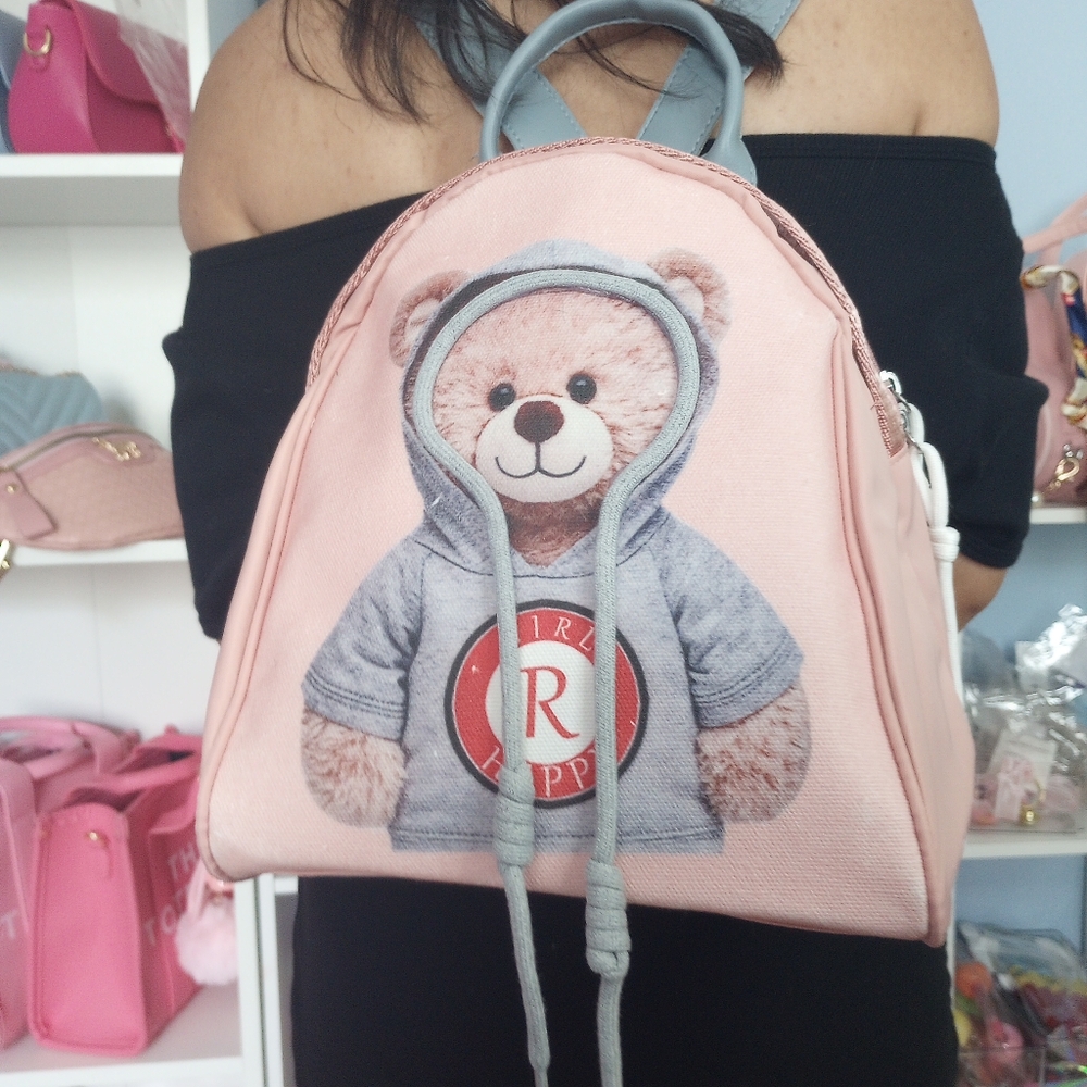 Pink Hoodie Bear Backpack 3D Drawstring NWOT